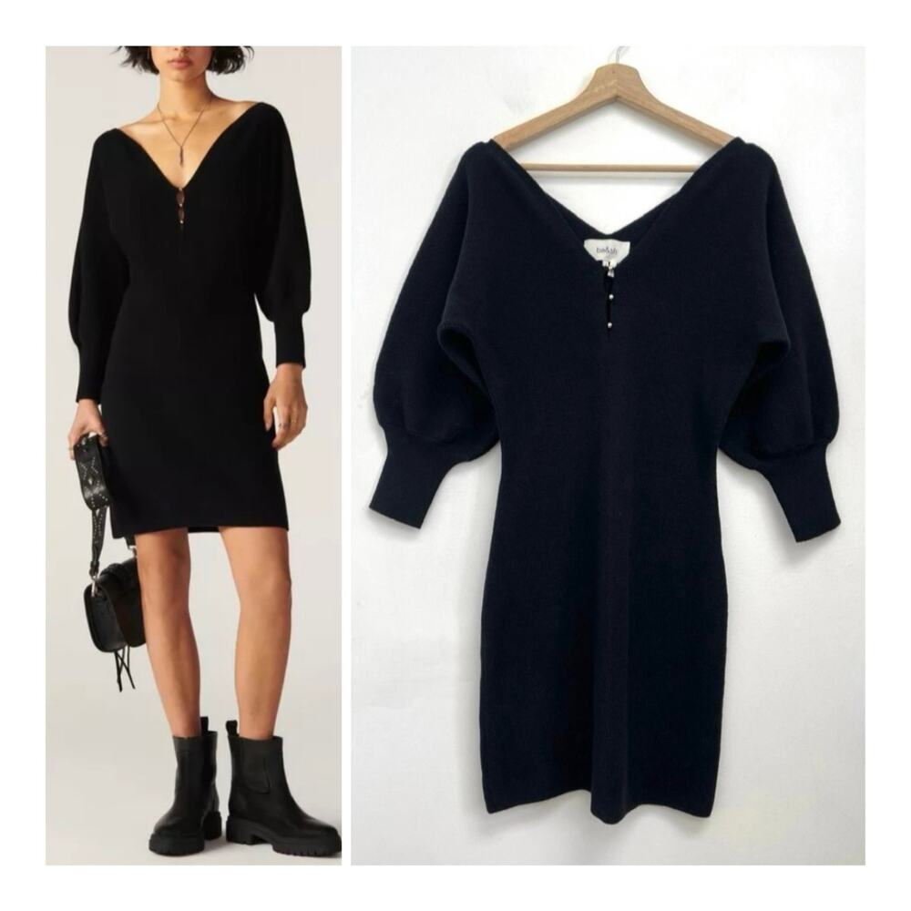 BA&SH Hazia Ribbed-Knit Double V-Neck Balloon Long Sleeve Mini Sweater Dress US4
